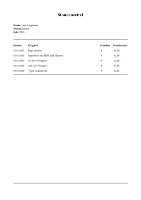 A preview of the stundenzettel Typst template.